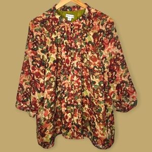 Coldwater Creek Watercolor Floral Autumn Blouse Size 1X Pintuck Artsy Chiffon